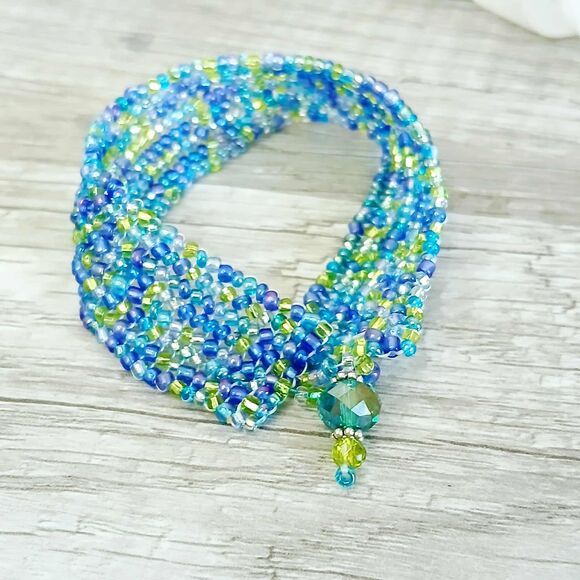 Boho Chic Beaded Bracelet, Green & Blue Seed Bead Jewelry, Herringbone 6" - Picture 7 of 11